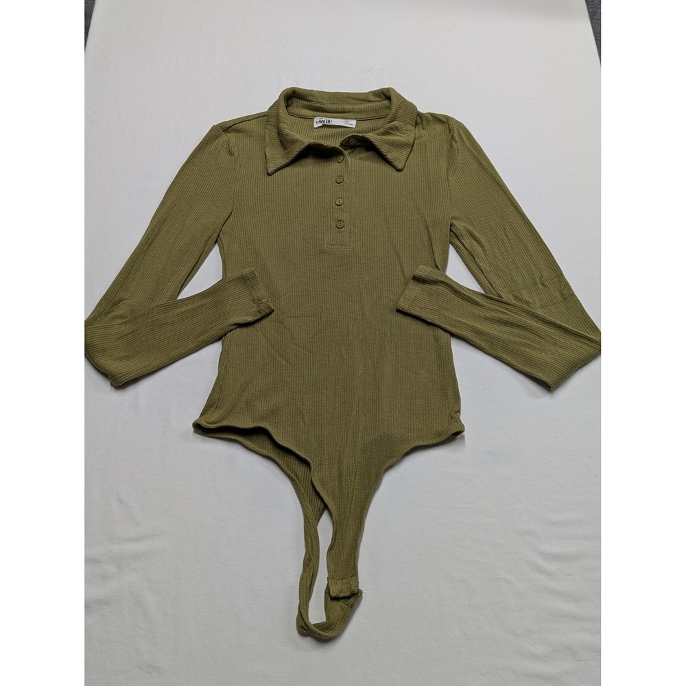 Elodie Womens Olive Green Ribbed Long Sleeve Polo Bodysuit XS Collared Button Up